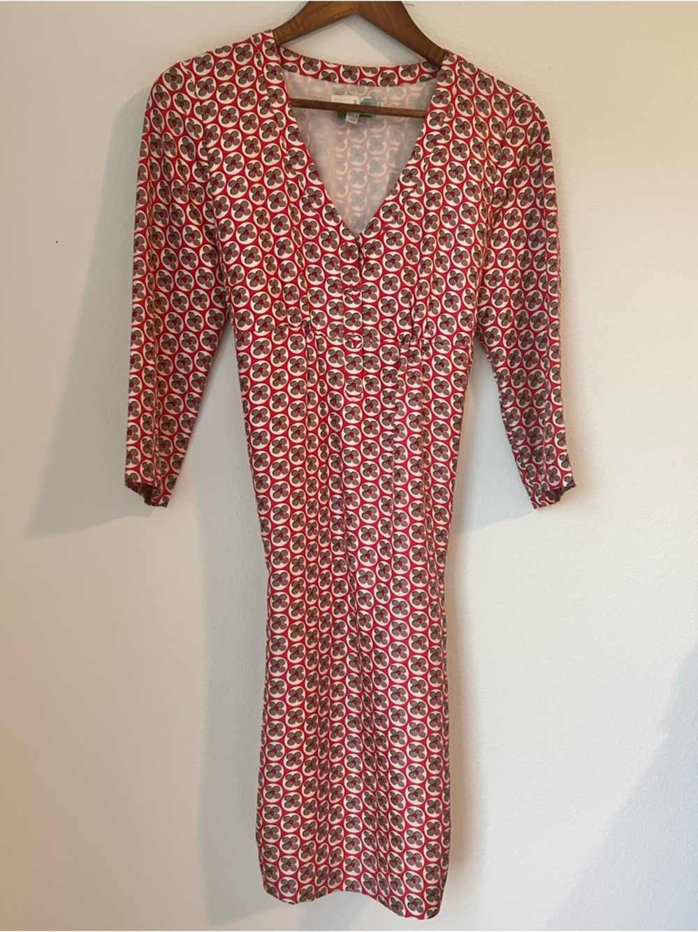 Boden 100% Silk Printed Dress | V-Neck Button Front  | 3/4 Sleeve